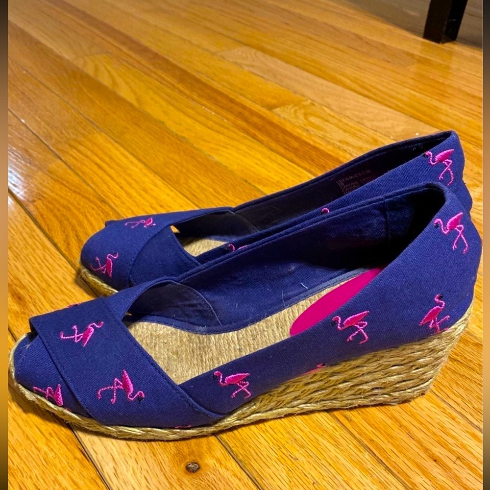 Ralph Lauren navy pink flamingo summer espadrille wedge sandals peep toe
